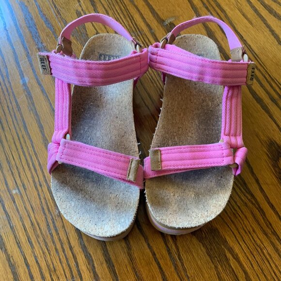 Reef Cushion Rem Hi Pink Sandals Size 7 Strappy Canvas Cork Beach Summer - Picture 1 of 3